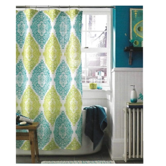 Two Count J Queen New York Green Blue Damask Medallion Fabric Shower Curtains - Picture 3 of 3